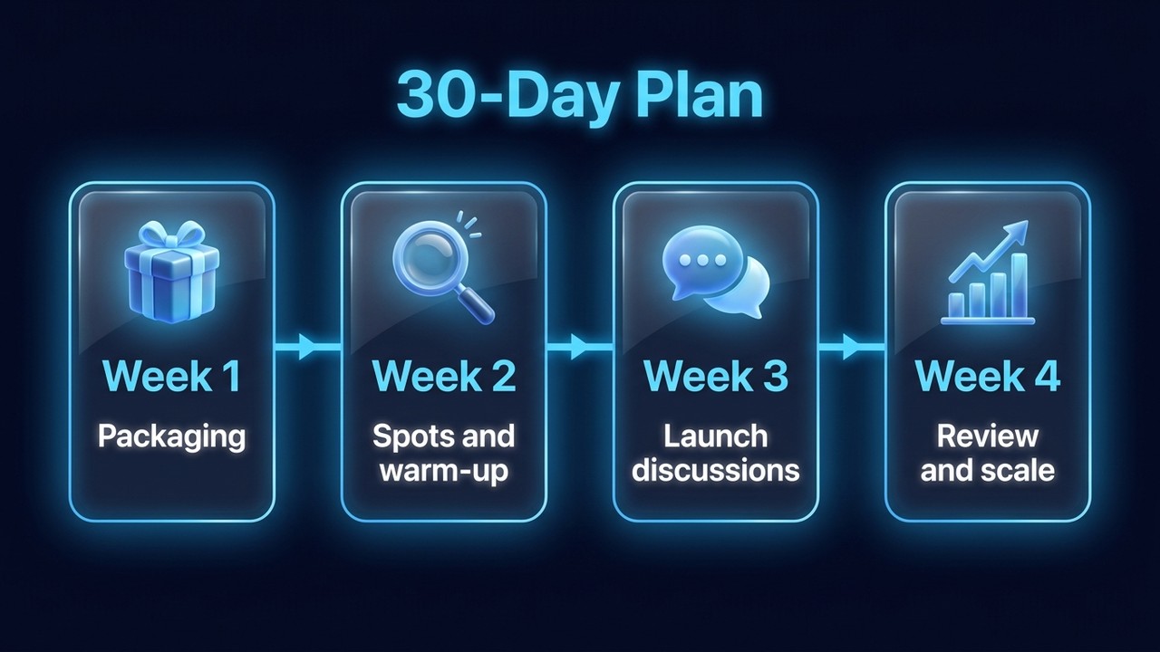 30-day plan to find clients for a marketing agency: packaging, spots, discussions, scaling