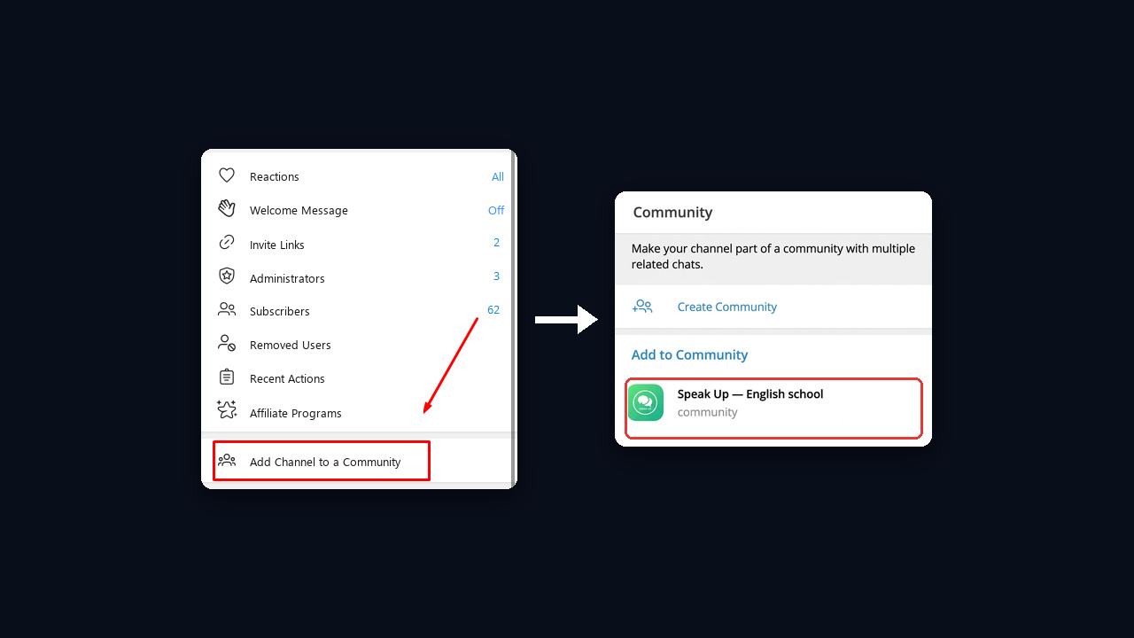 Add a channel to a Telegram community: the channel settings item and the community choice