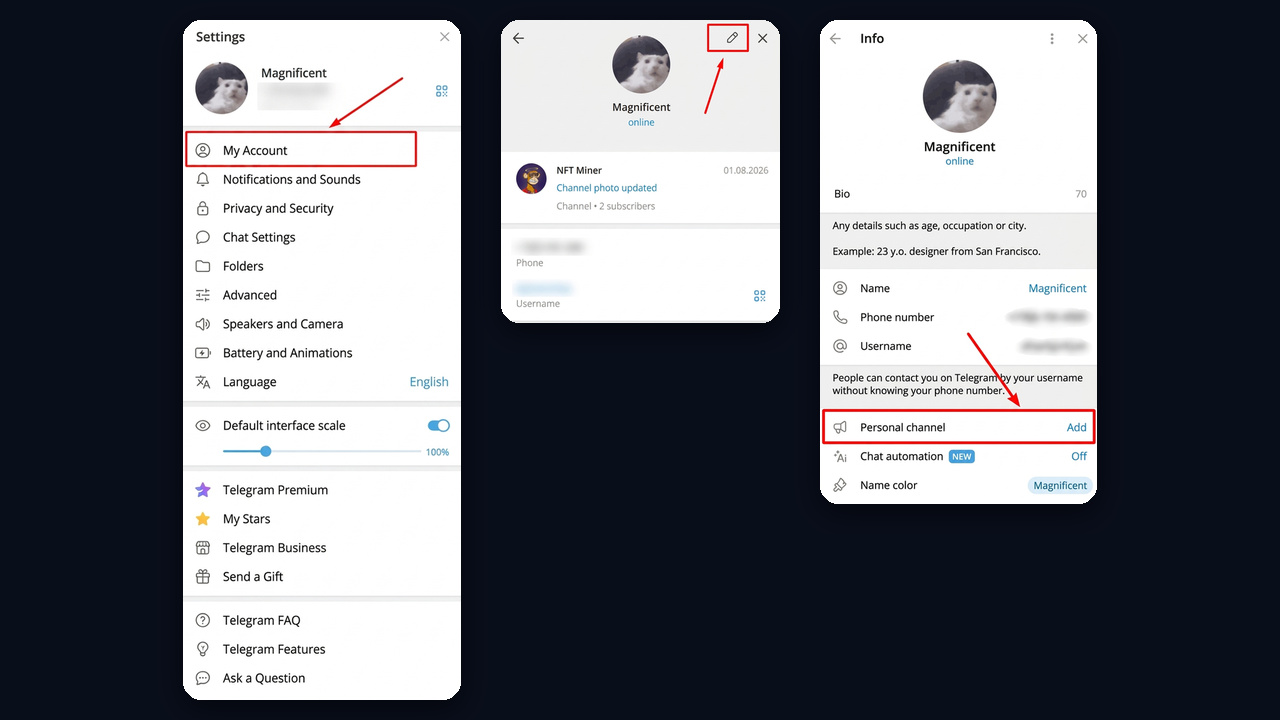 Pin a channel to a Telegram profile on desktop: My Account, pencil, Personal channel