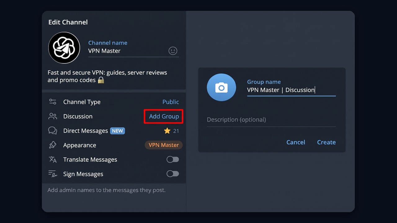 Enabling Telegram channel comments on desktop: Discussion → Add Group