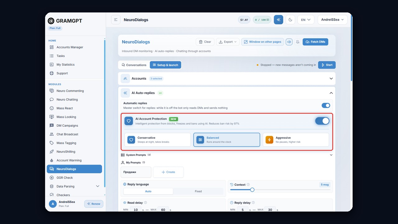 AI Account Protection in GramGPT: conservative, balanced and aggressive modes