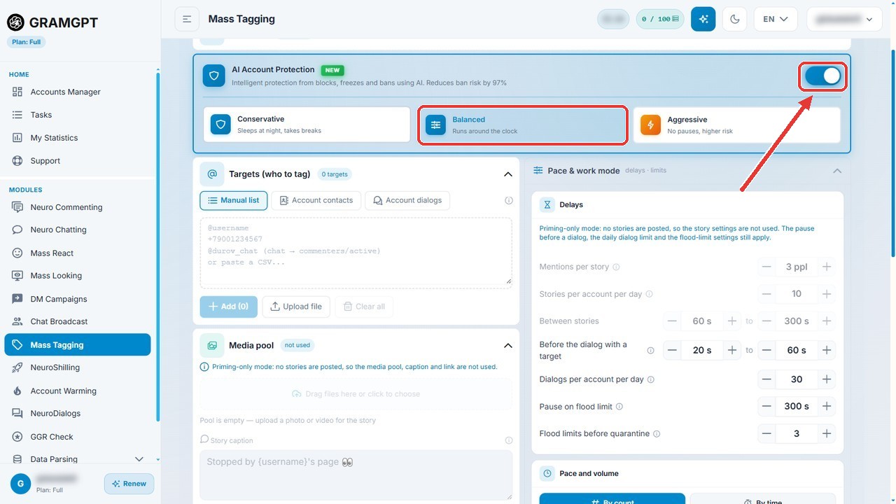 AI account protection in Story Mentions: conservative, balanced and aggressive modes