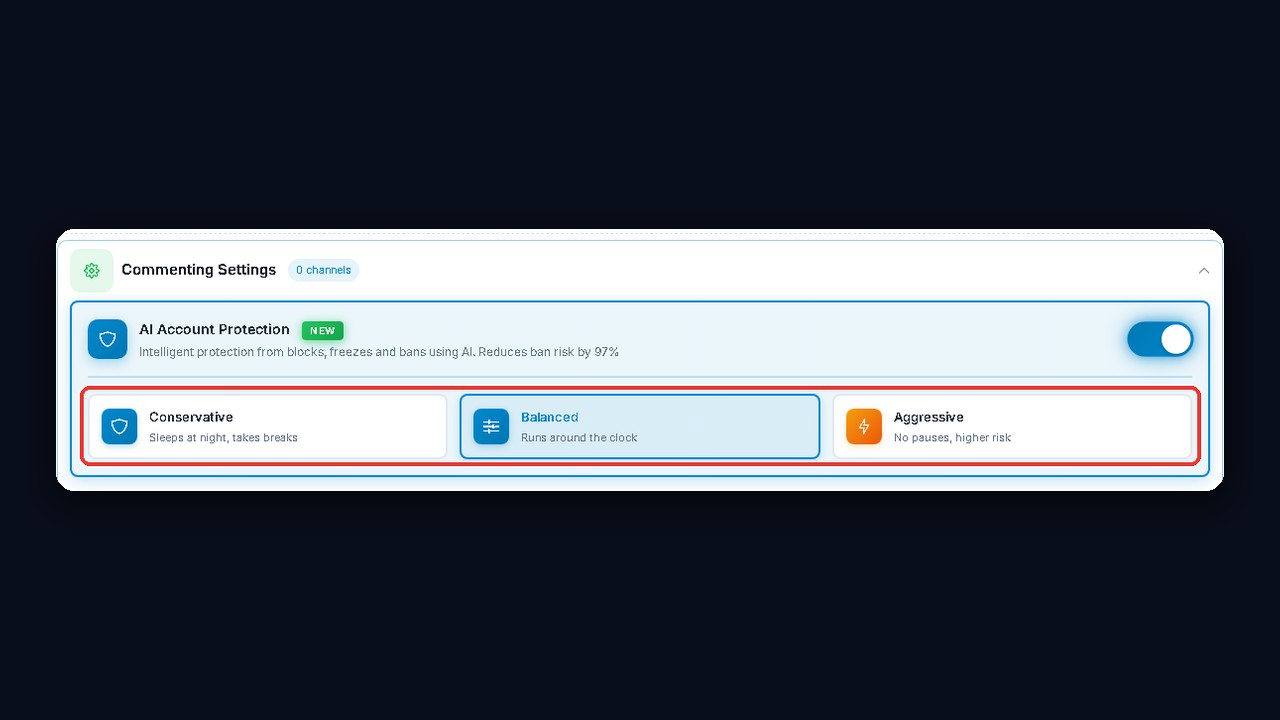 AI account protection in GramGPT: conservative, balanced and aggressive modes