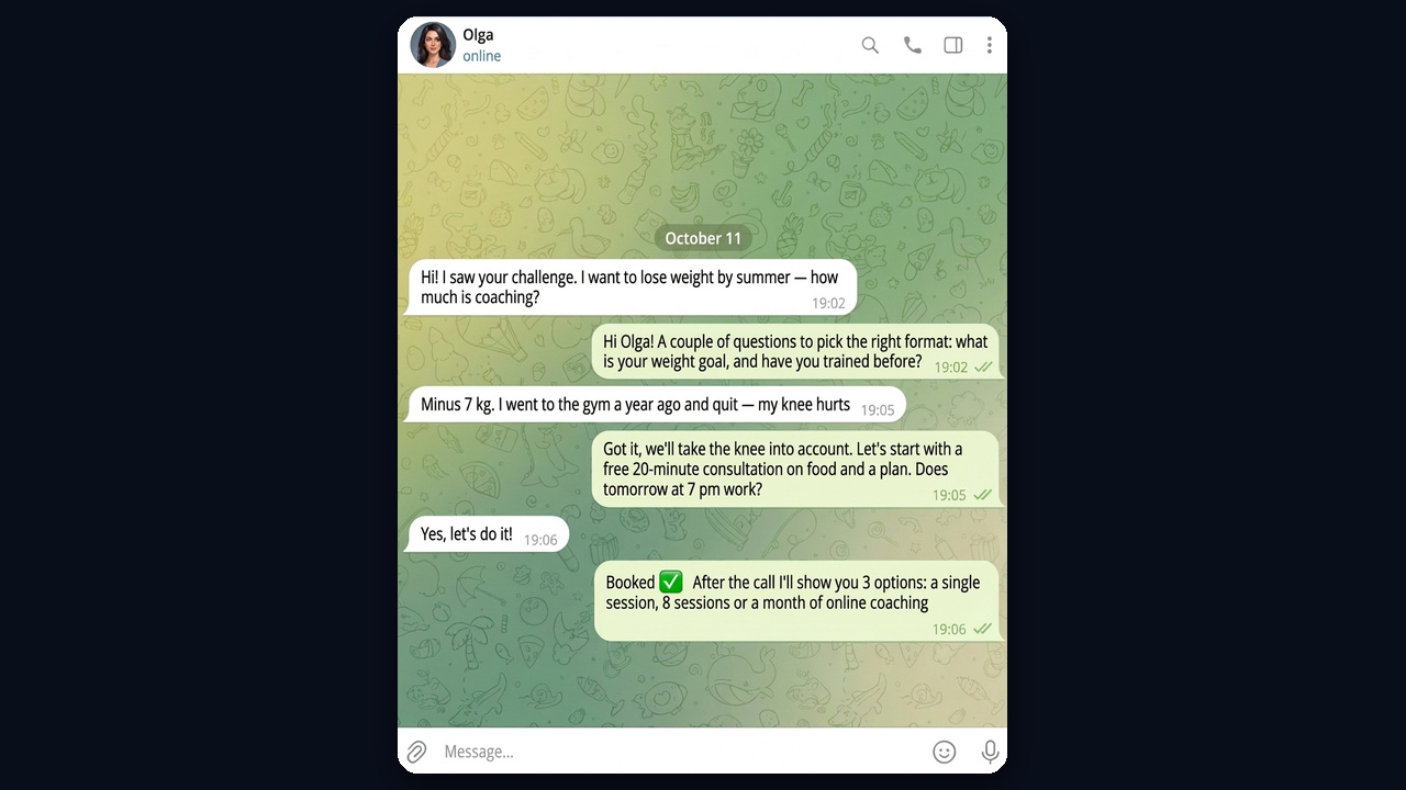 AI dialogs in DMs: selling personal training after a request