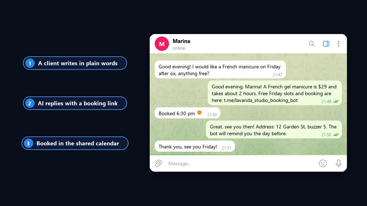AI replies in DMs and sends a link to the booking bot