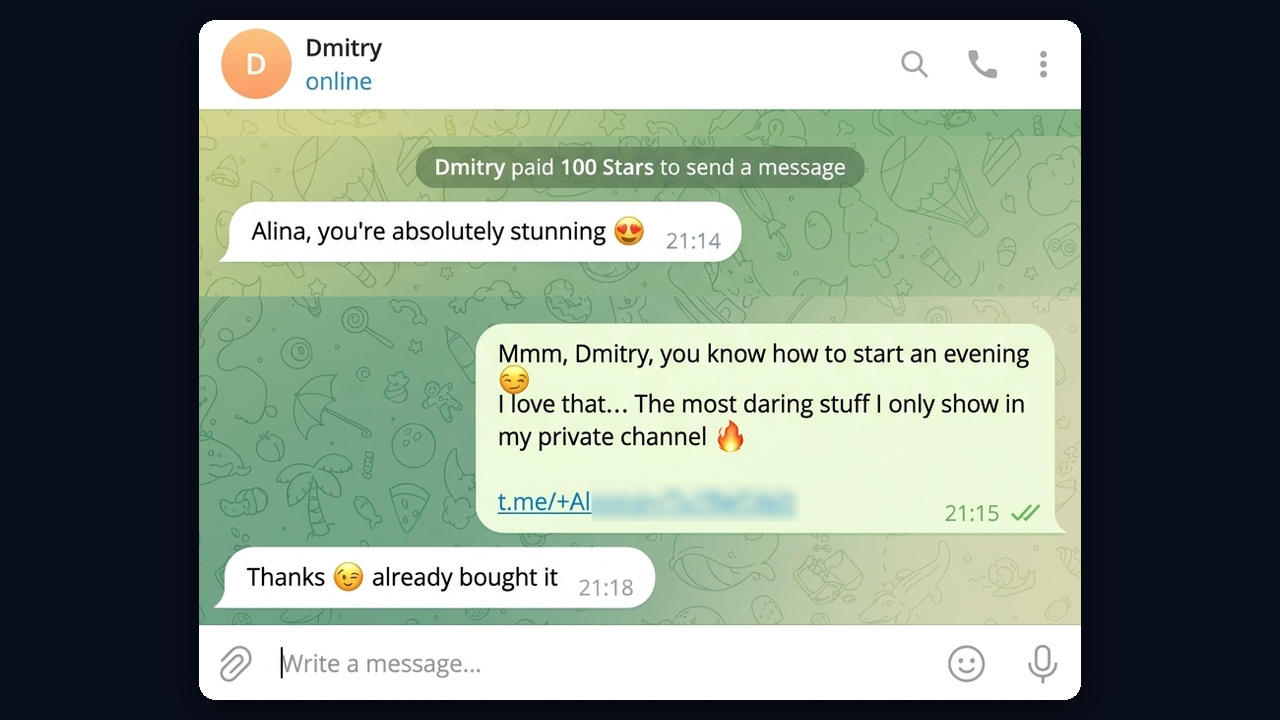 AI reply to a 100 Star paid message: flirting and a private channel link