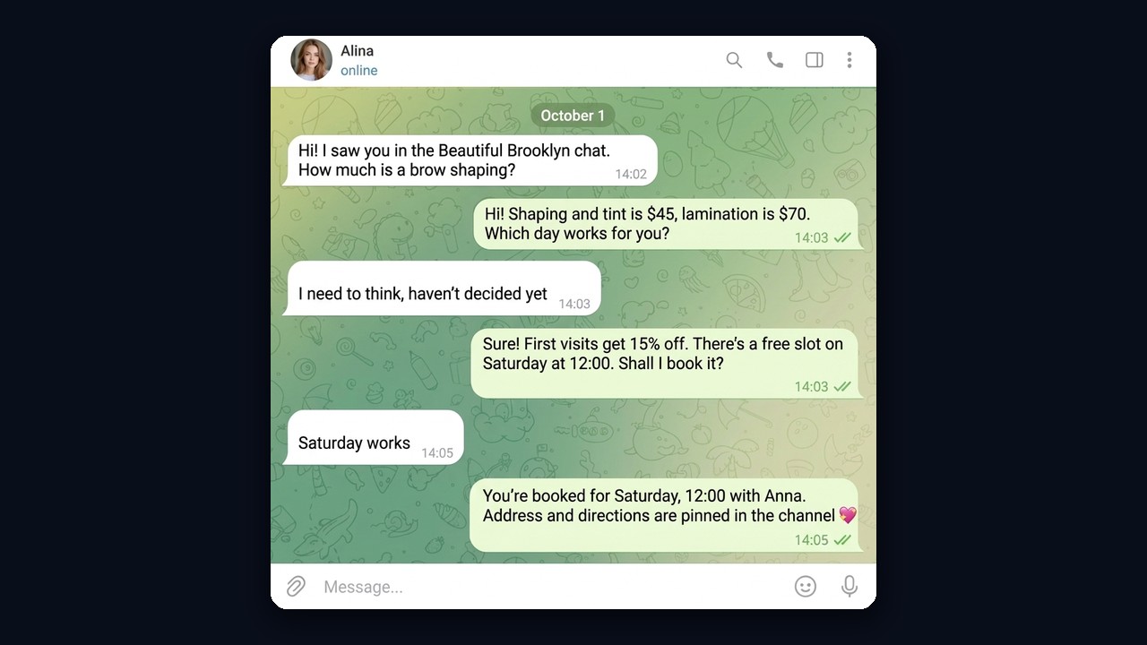 An AI responder answers a price question and books the client into the beauty salon
