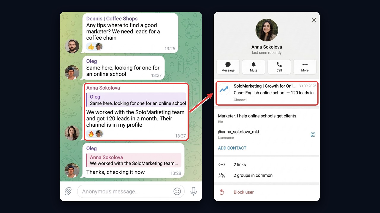 AI shilling: find clients for a marketing agency through a referral in a business chat and a pinned channel