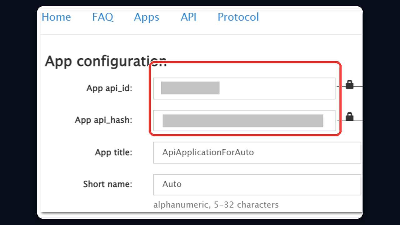 App api_id и App api_hash на странице App configuration