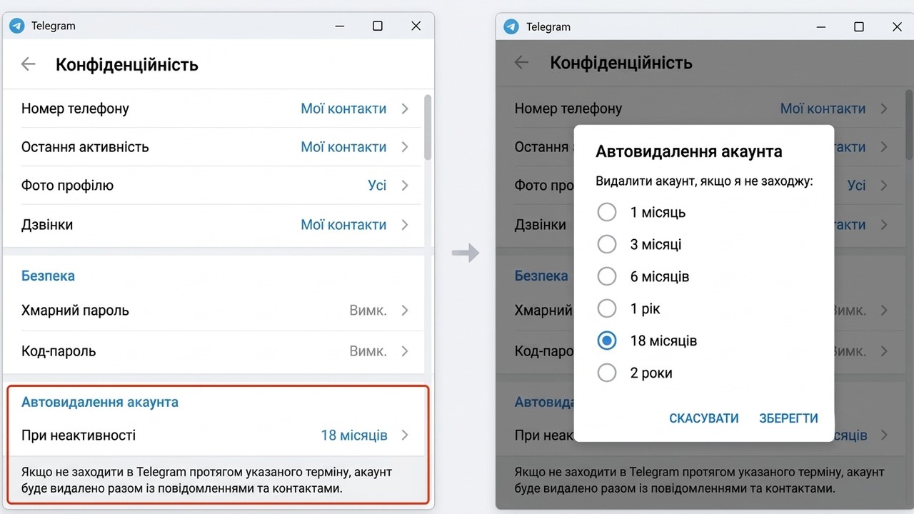 Автовидалення акаунта в Telegram Desktop: вибір терміну неактивності