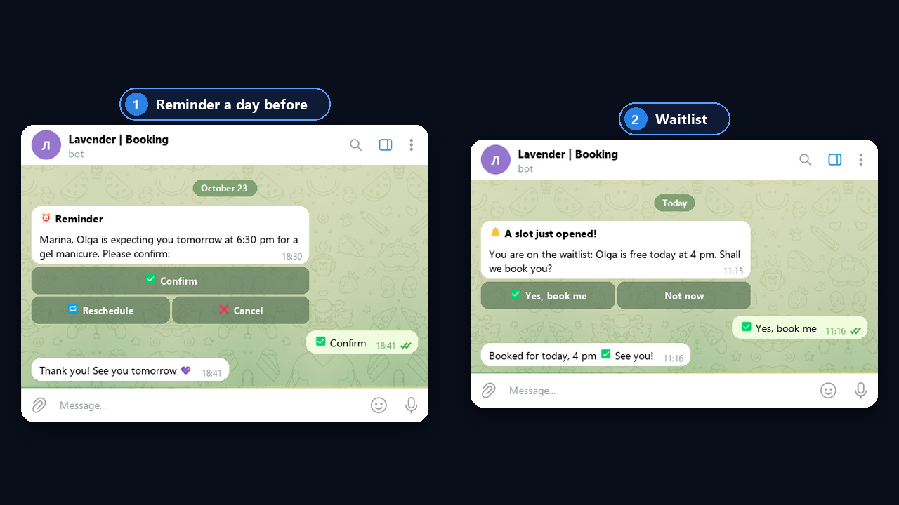Booking reminder with buttons and a waitlist offer in the bot