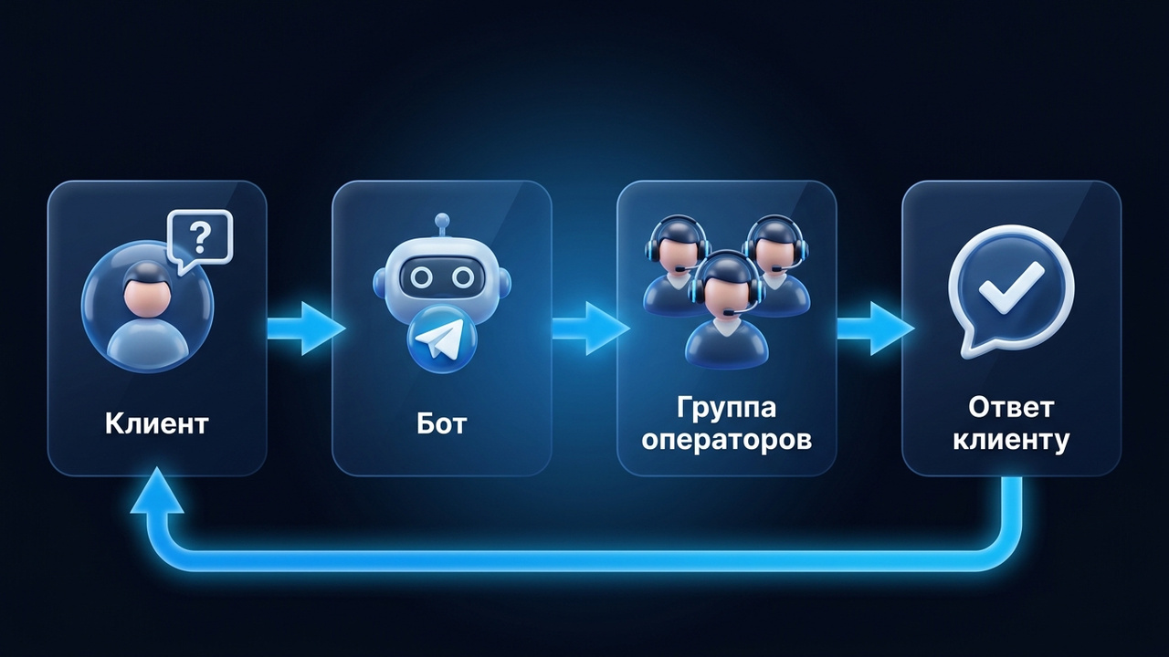 Бот обратной связи в тг: клиент, бот, группа операторов и ответ