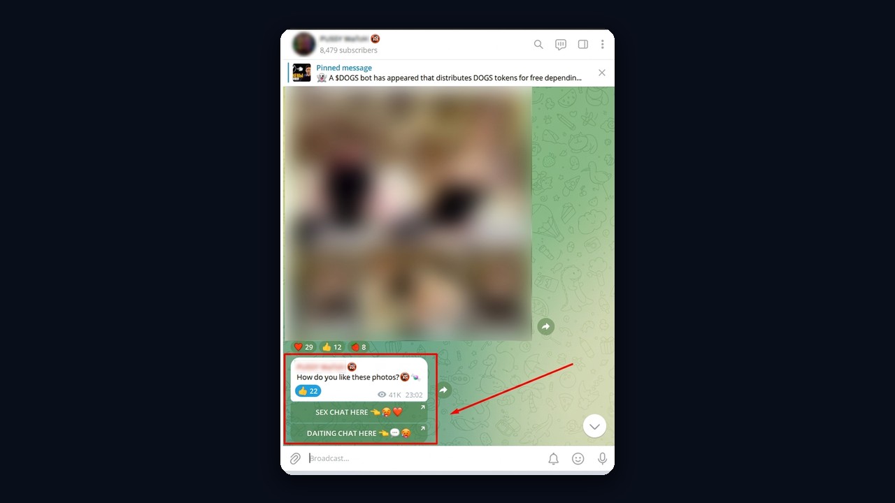 Bridge channel example: a dating channel with buttons to a chat and an offer