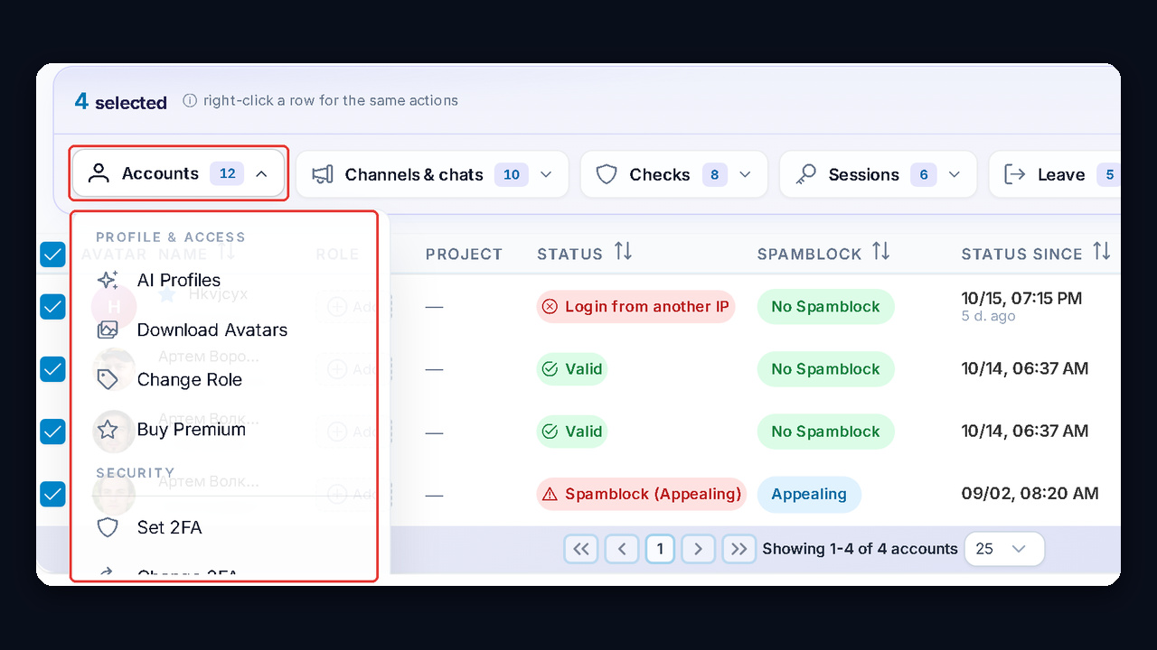 Bulk actions in the GramGPT Account Manager: change role and set 2FA