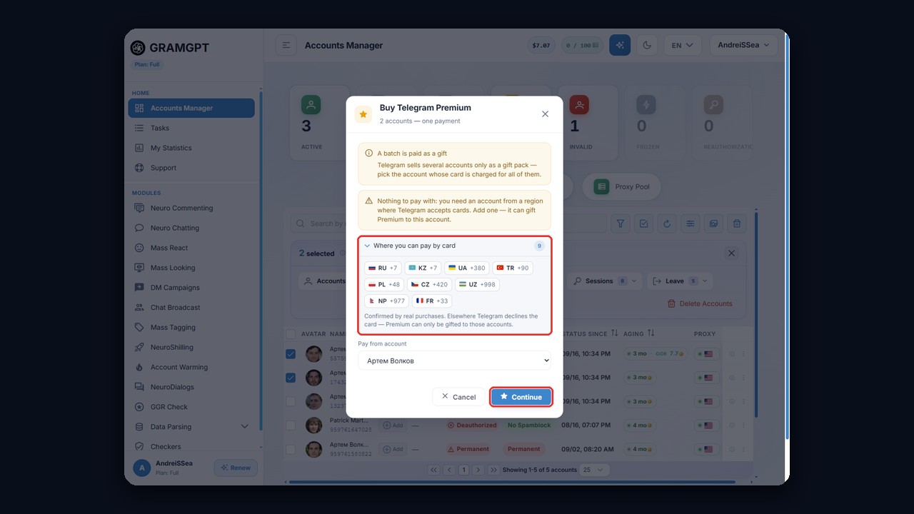 How to buy Telegram Premium for several accounts at once in the GramGPT manager