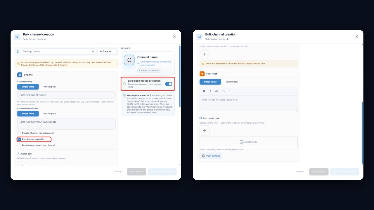 Bulk channel creation in GramGPT: name, variant pool, pin to profile and first post