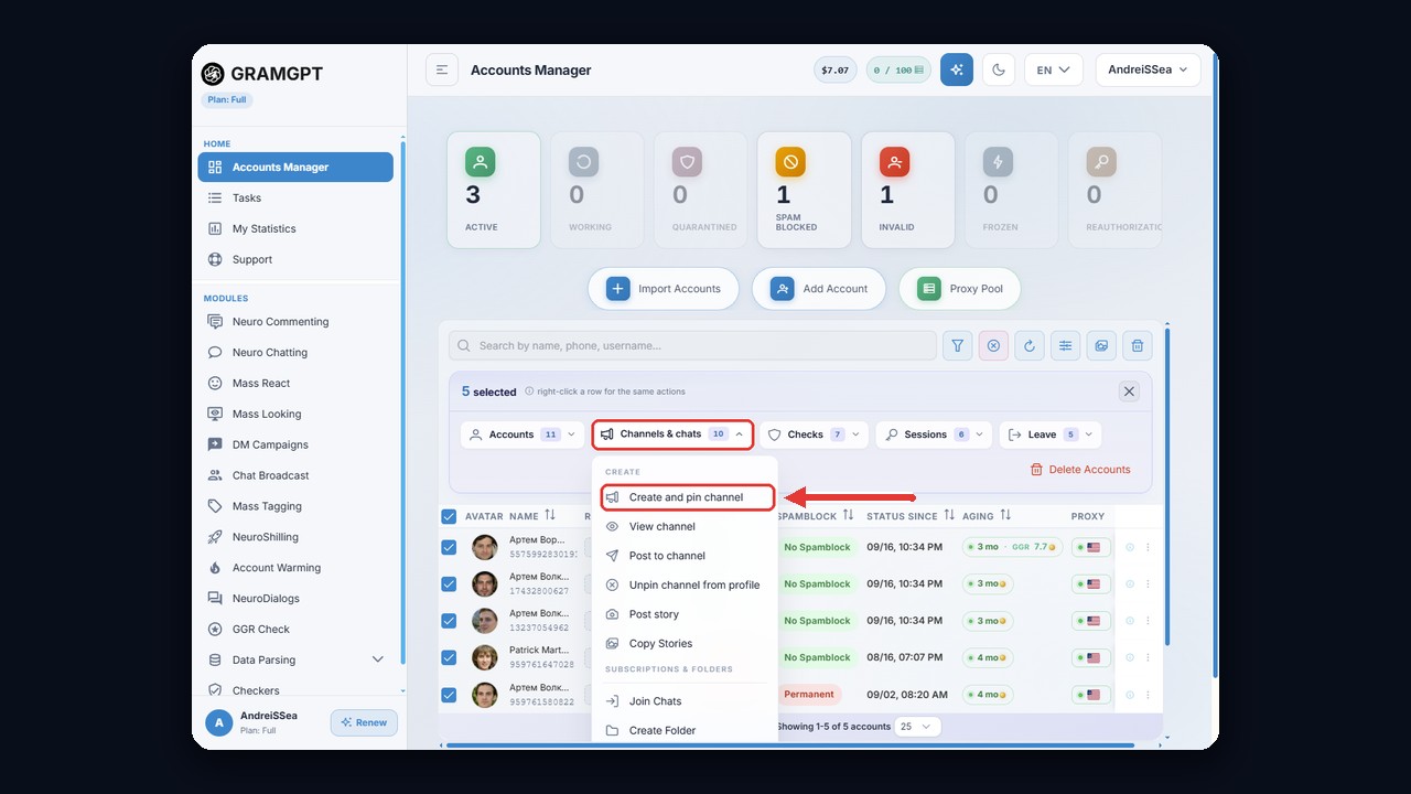Create a Telegram channel for many accounts at once: the Channels & chats menu in GramGPT