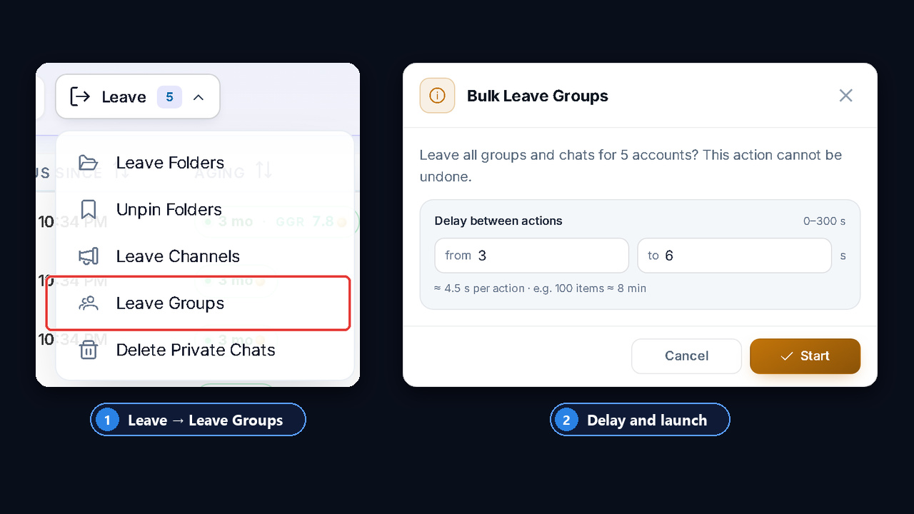 Bulk leave Telegram groups in the GramGPT account manager