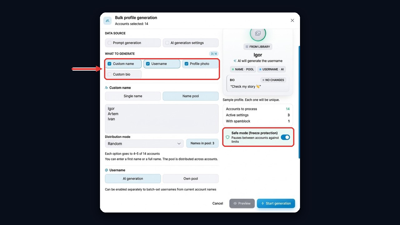 Bulk profile generation in GramGPT: names, usernames and photos for priming