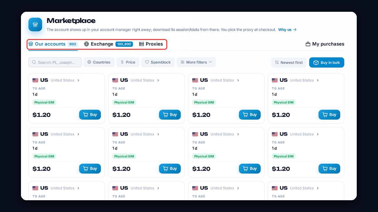 Buy Telegram accounts in the GramGPT marketplace: Our accounts and Exchange