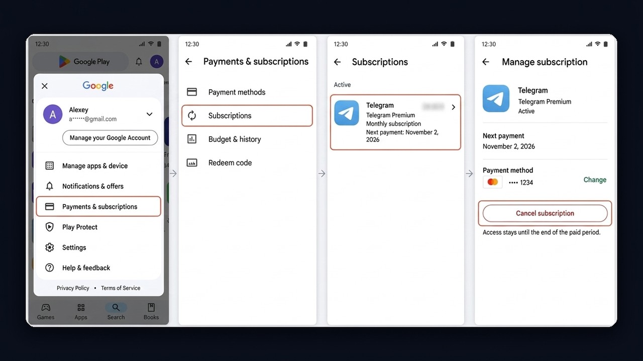 Cancel Telegram Premium on Android in Google Play