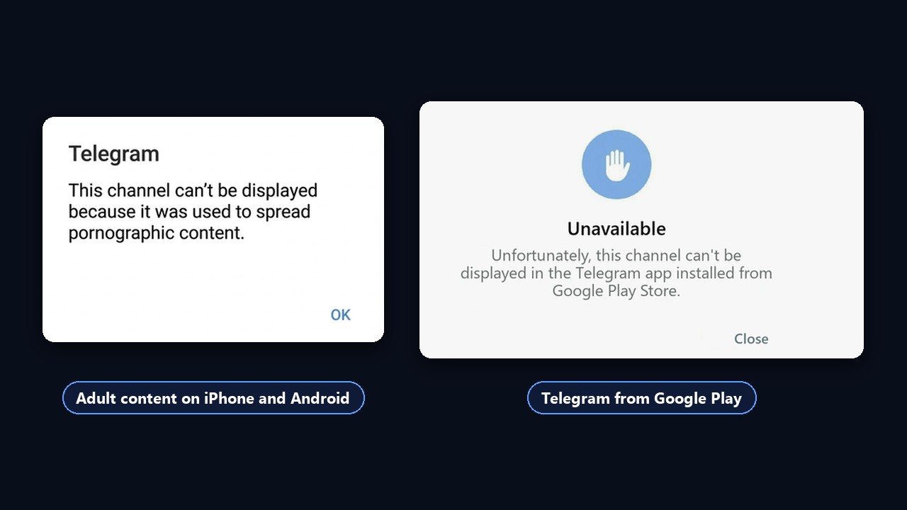 Channel can't be displayed on iPhone and Android: adult content and Google Play notices