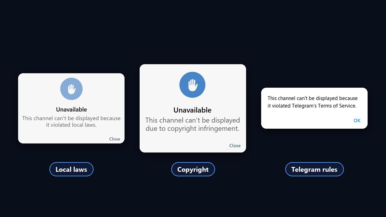 This channel can't be displayed: local laws, copyright and Telegram rules
