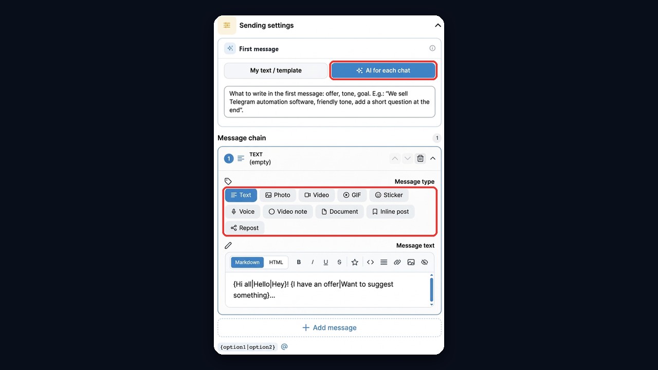 GramGPT Chat Broadcast: AI text for each chat and message types from photos to video notes and inline posts