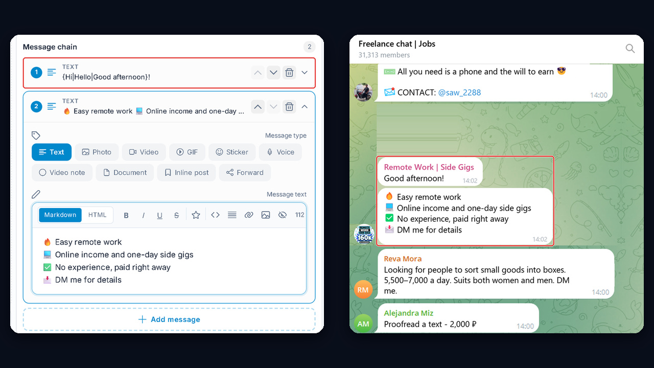 GramGPT Chat Mailing: a job digest posted across groups to grow a Telegram job channel