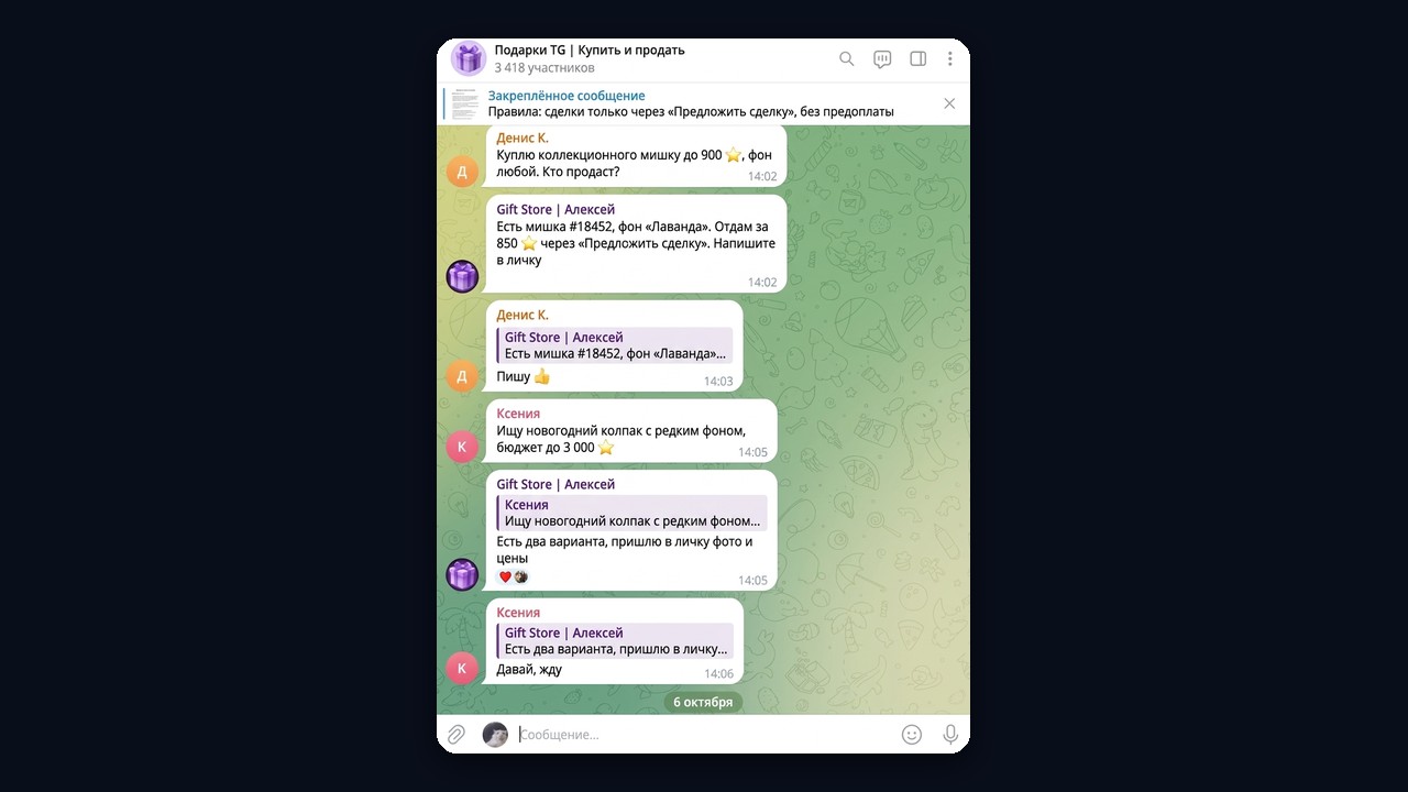 Чат подарков тг: покупатели ищут коллекционные подарки, продавец отвечает