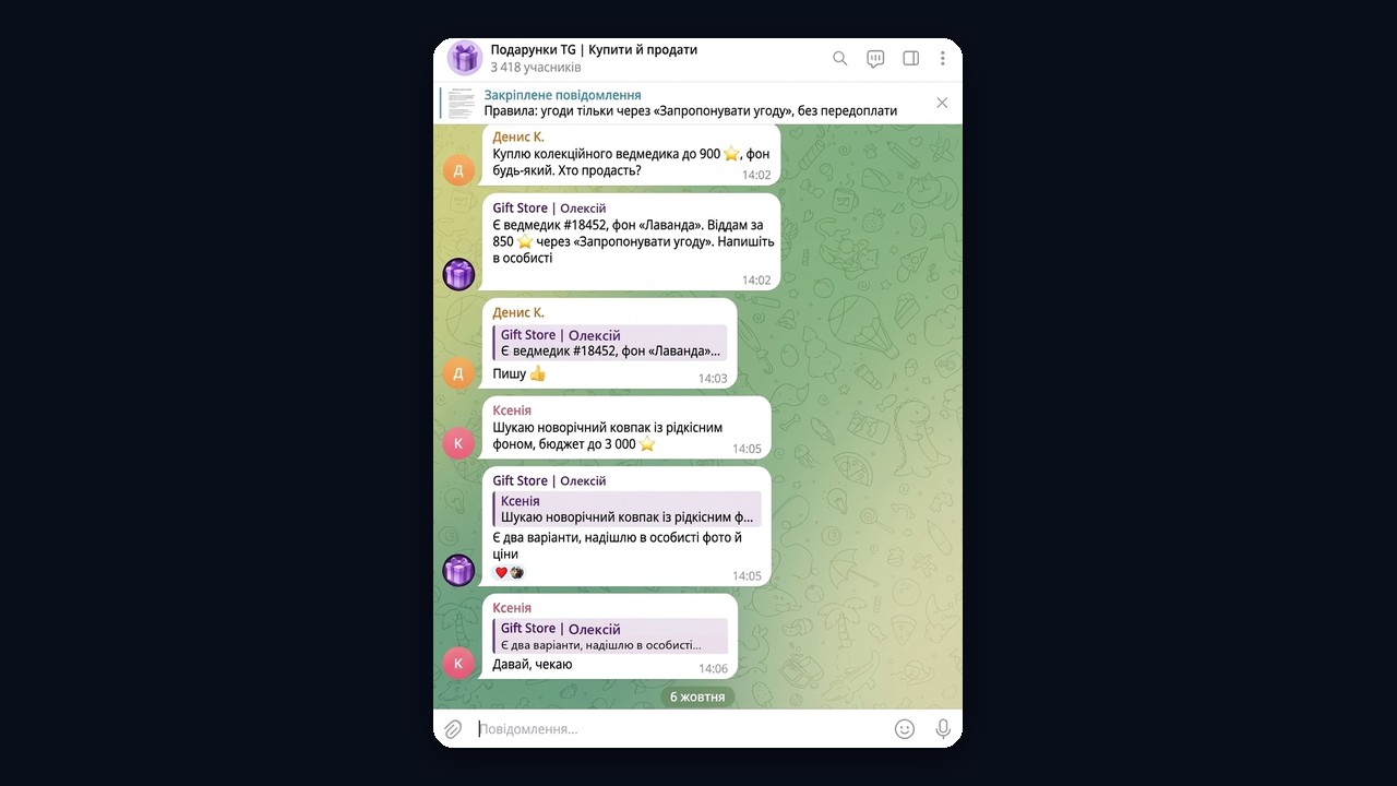 Чат подарунків у Телеграмі: покупці шукають колекційні подарунки, продавець відповідає