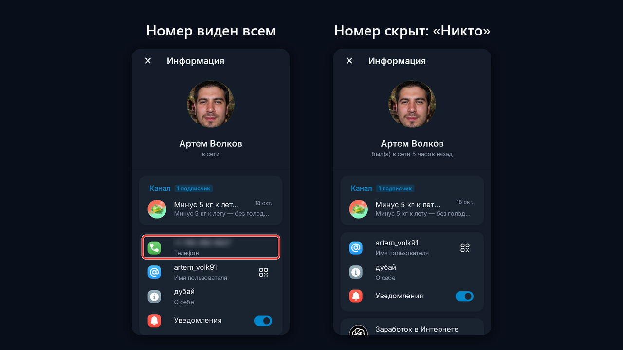Что видят другие, если скрыть номер в тг: профиль до и после варианта «Никто»