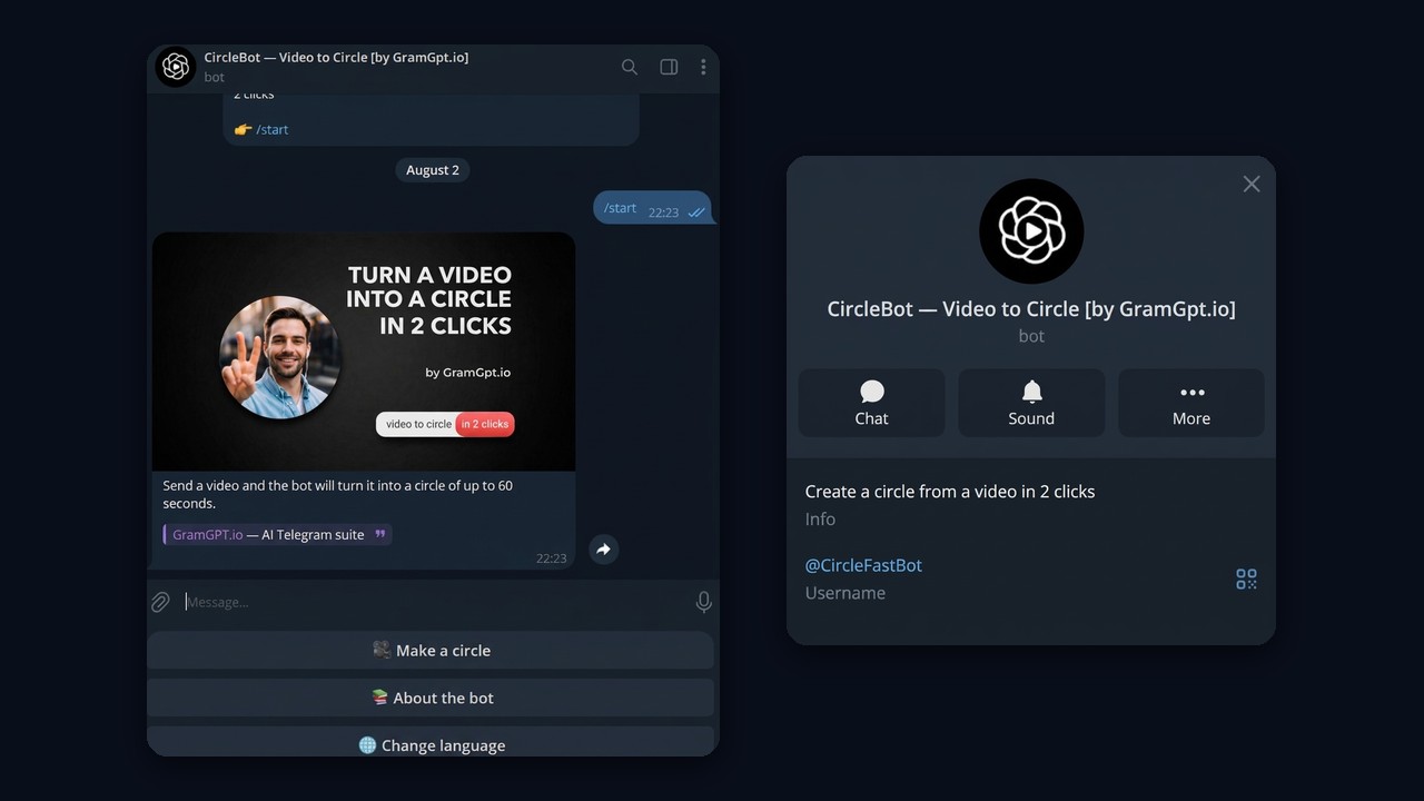 A converter bot turns a clip into a Telegram video message