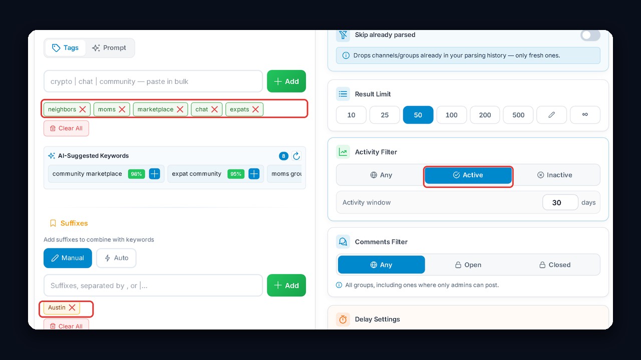 GramGPT Search Parser: chats by keyword with a city suffix