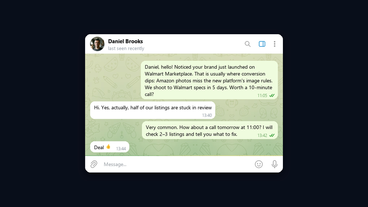 A cold message to a client in Telegram and the reply