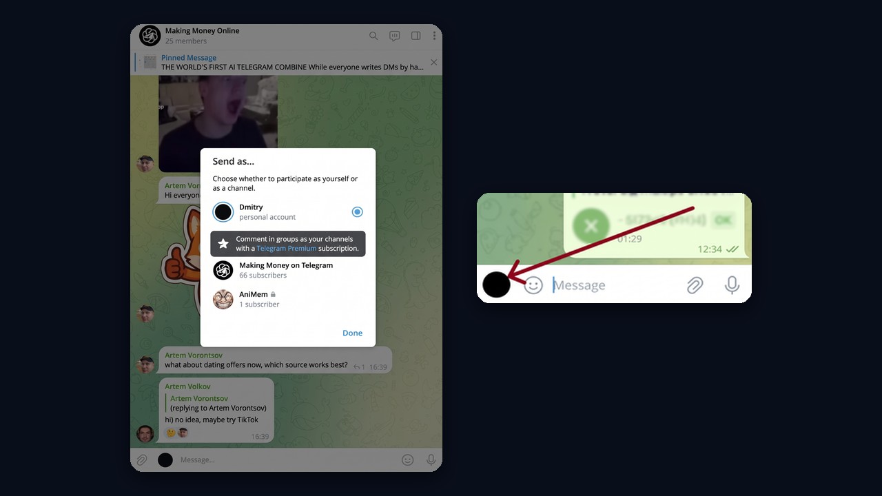 Commenting as a channel: the avatar next to the input field and the Send as window