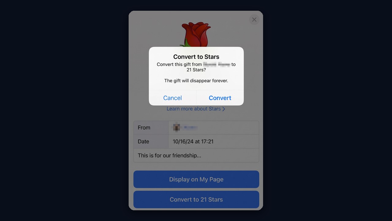 Converting a Telegram gift to Stars: a rose for 21 Stars