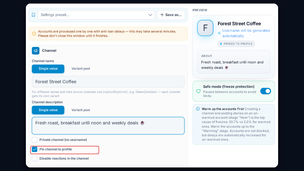 Bulk channel creation in GramGPT with the Pin channel to profile option