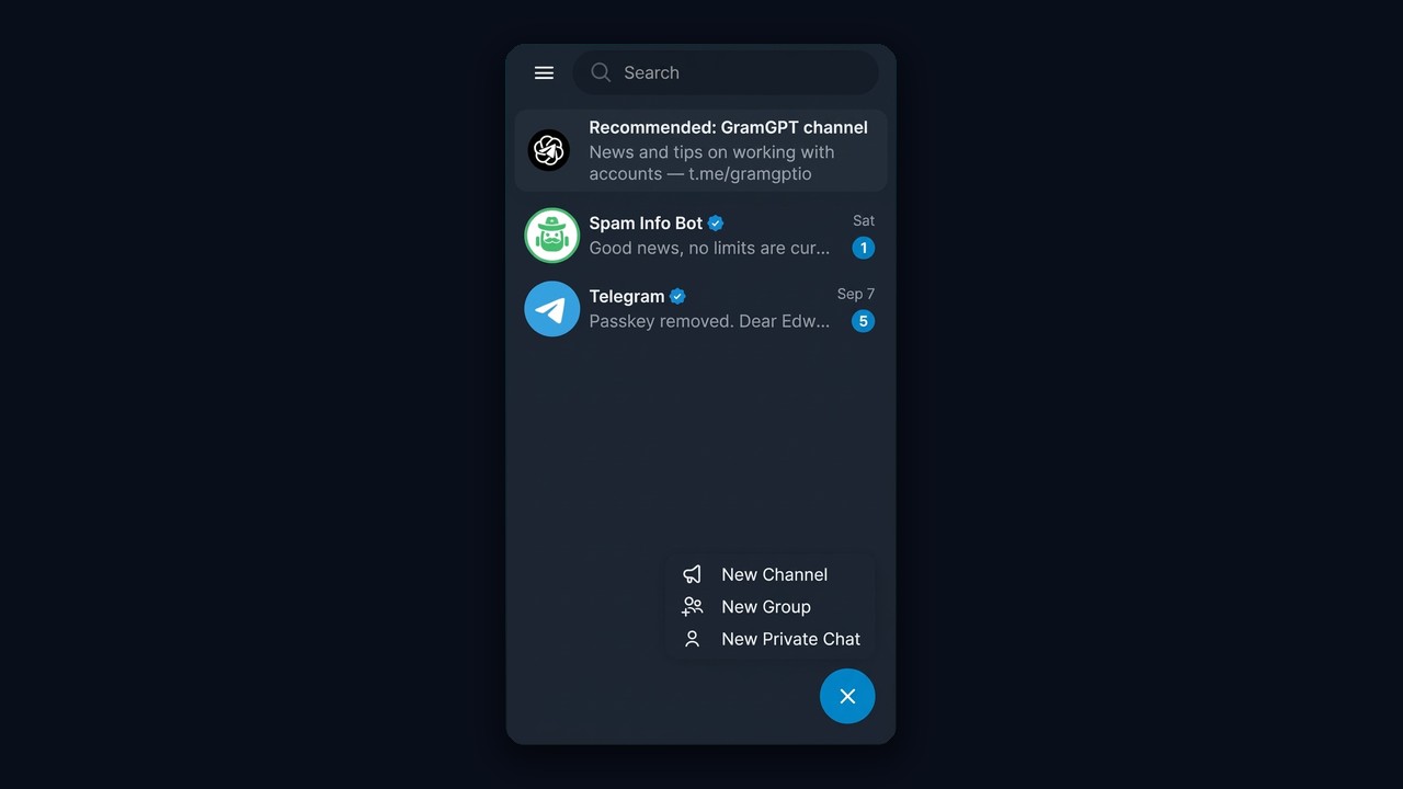 Create a Telegram channel: the New Channel item in the menu