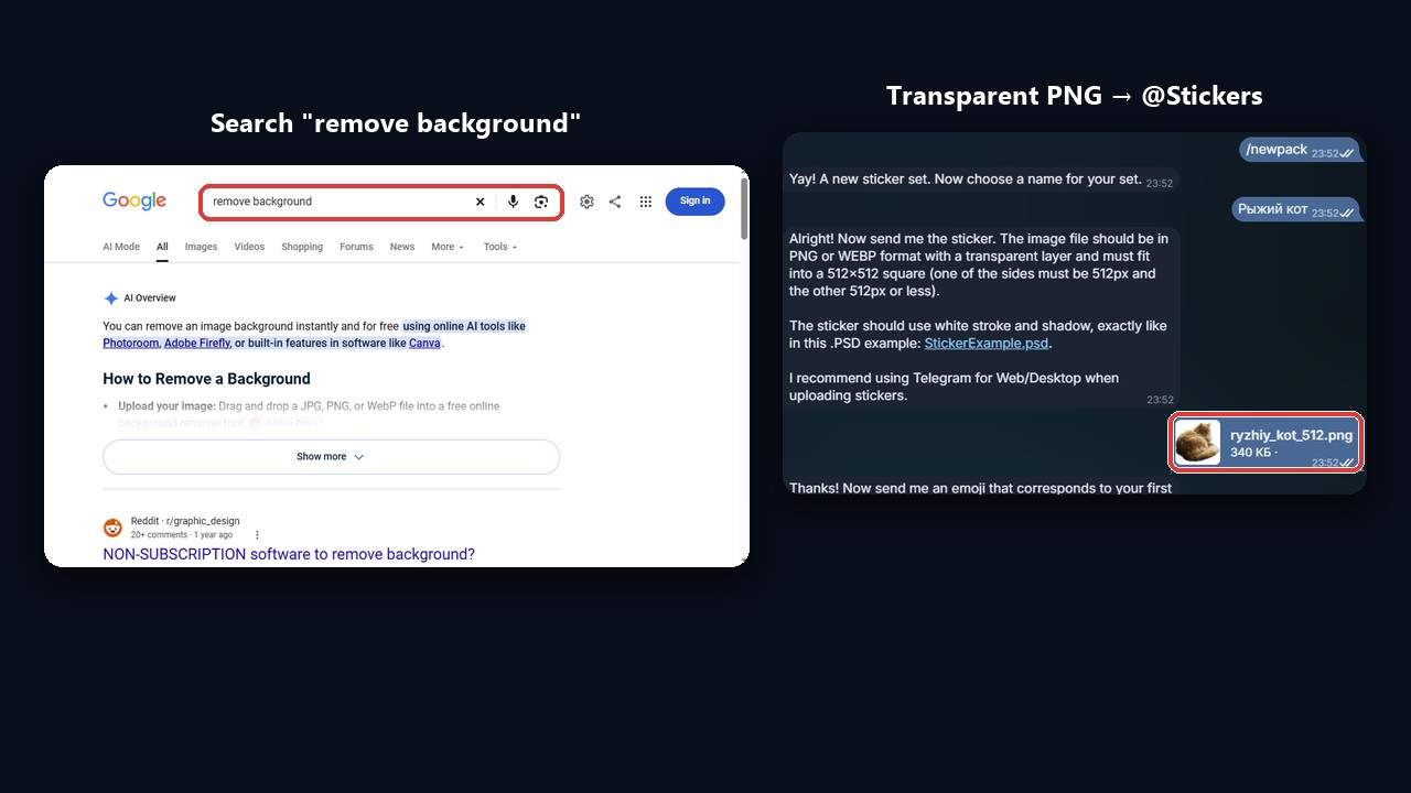 Create Telegram stickers on Android: search remove background and send the PNG to @Stickers