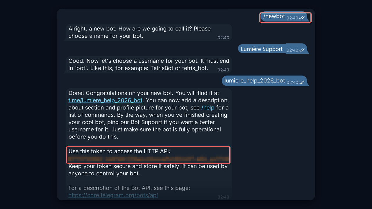 Creating a Telegram support bot: the /newbot command in BotFather