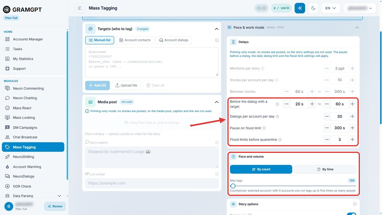 Delays and flood limits for Telegram priming in Story Mentions