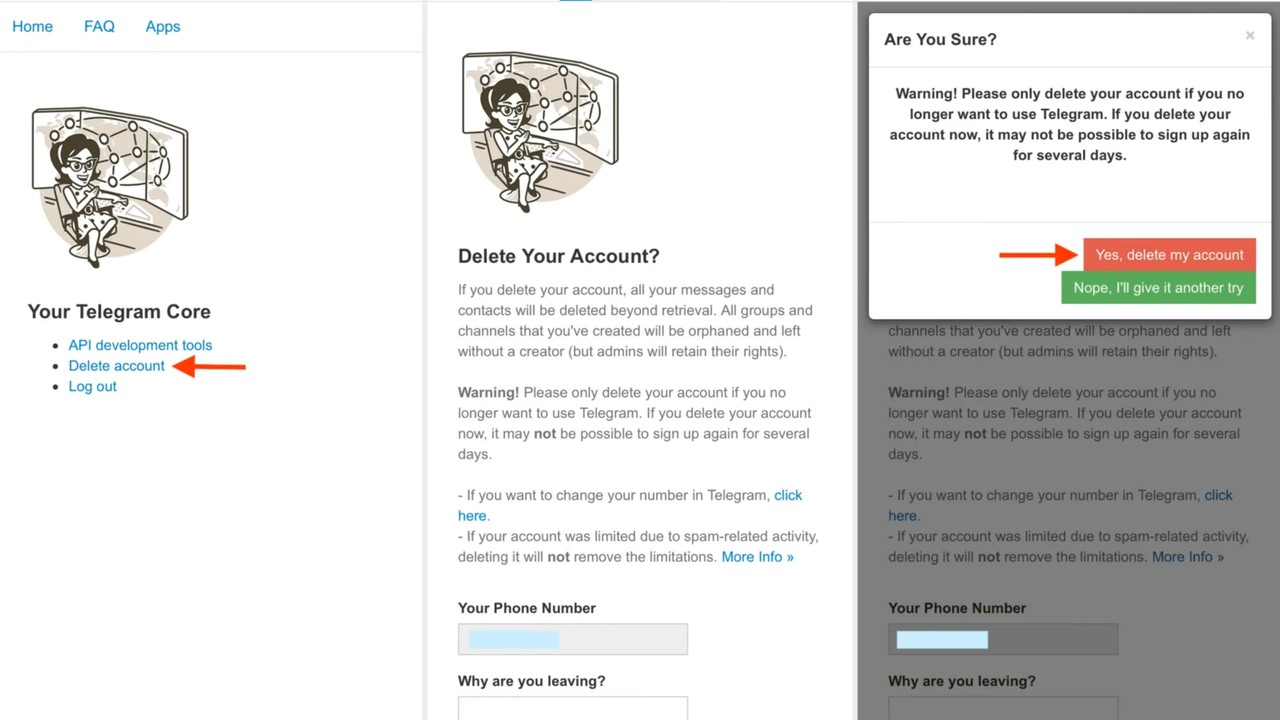 The Delete Account button on my.telegram.org after logging in with the code