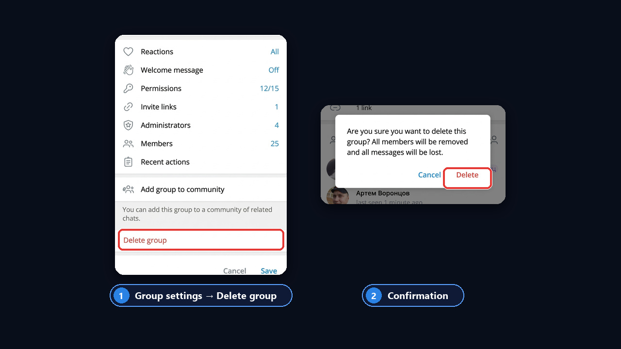 Delete a Telegram group on desktop: group settings and the confirmation dialog