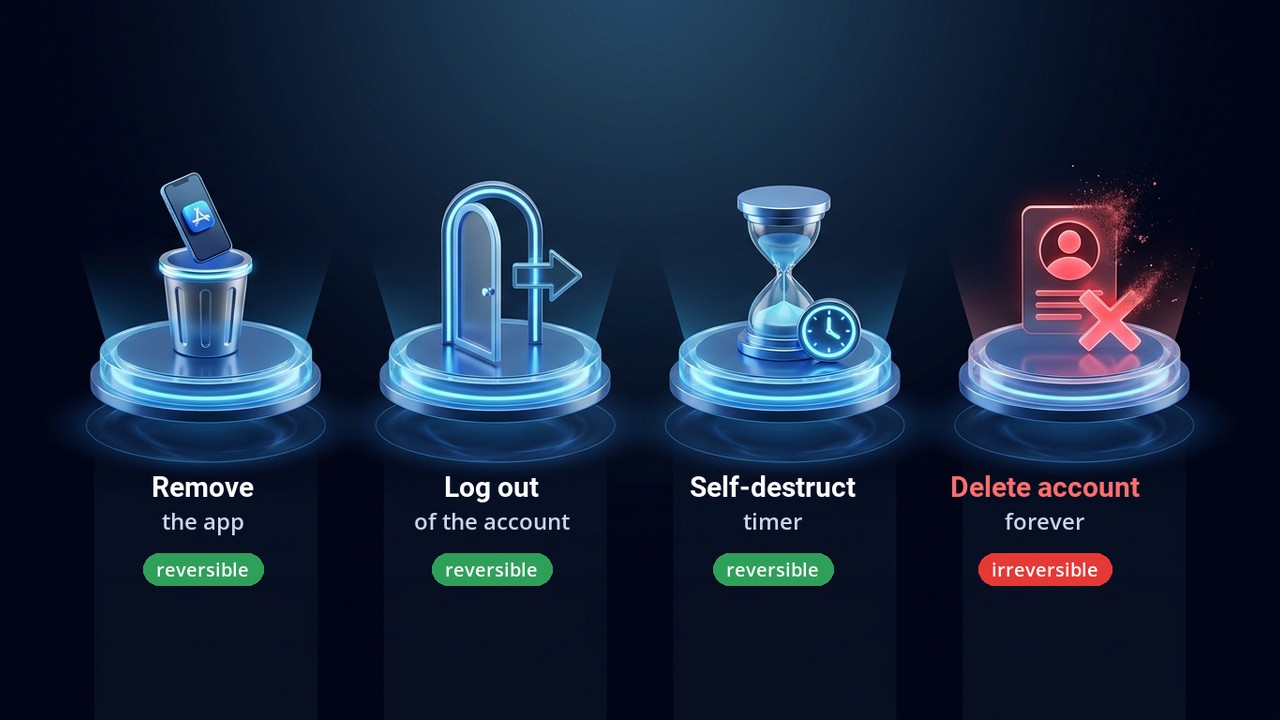 Delete the account, log out or remove the app: the difference on Telegram