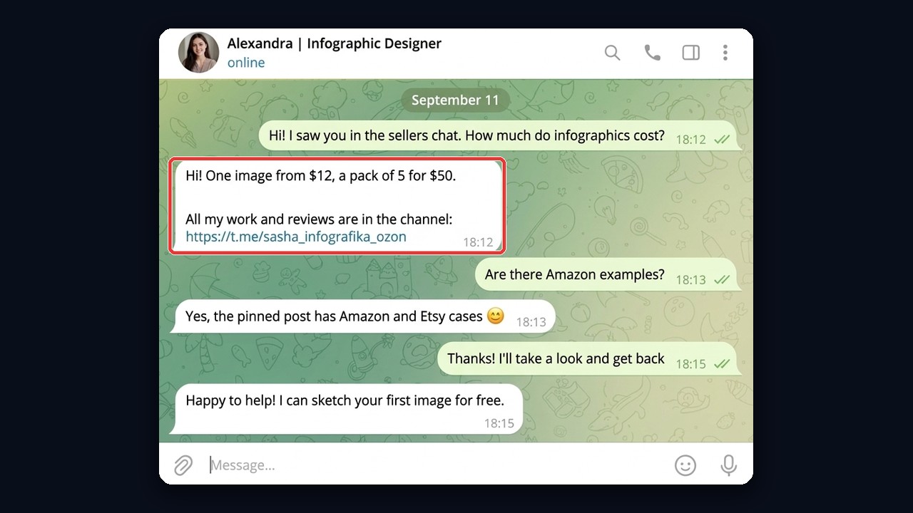 Designer and client in private messages: prices and a link to the portfolio channel