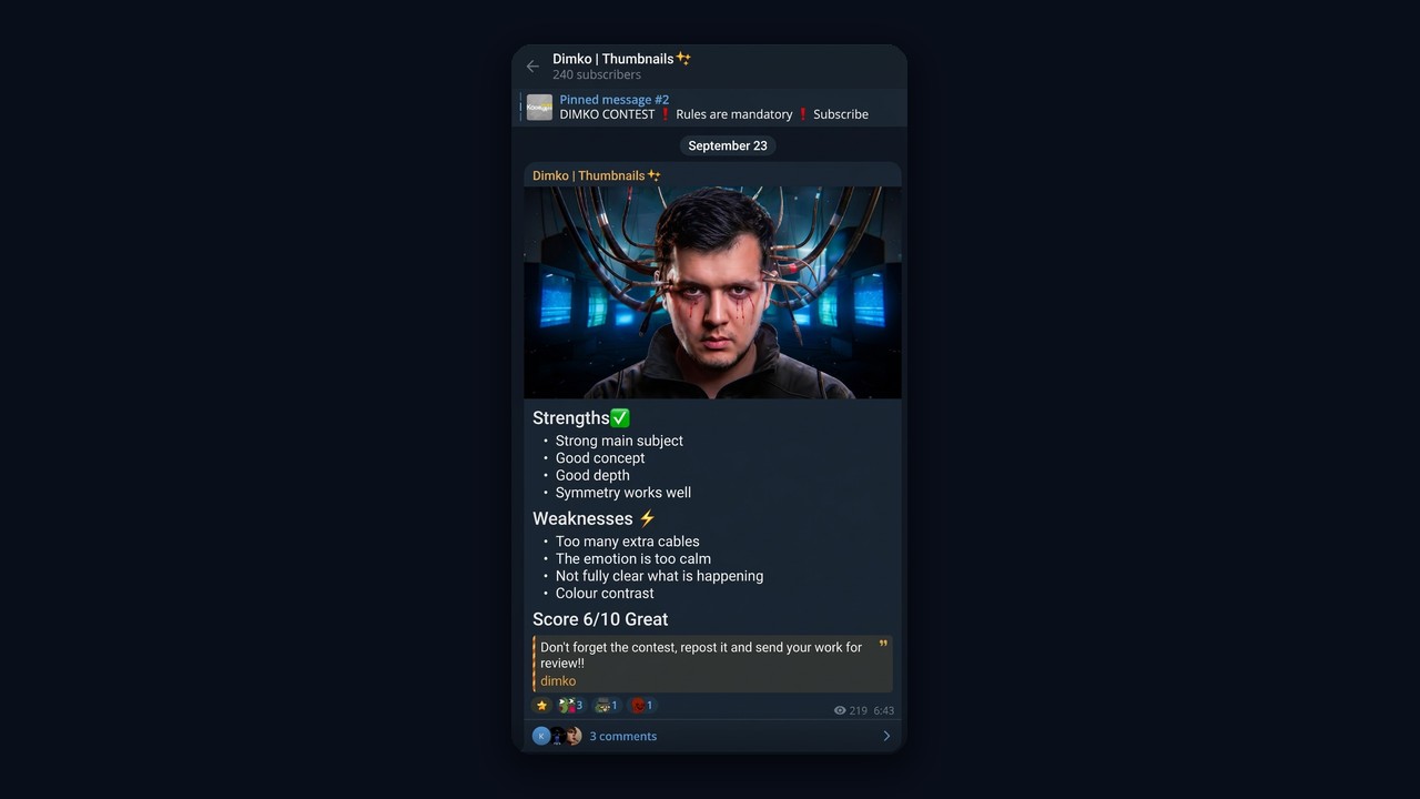 Designer Telegram channel example: a post with the work, strengths, weaknesses and a score