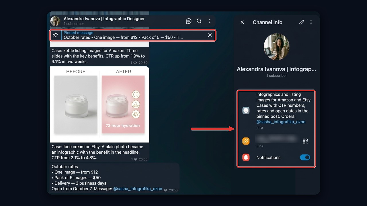 A designer's Telegram channel as a portfolio showcase: bio with services, cases and a pinned price list