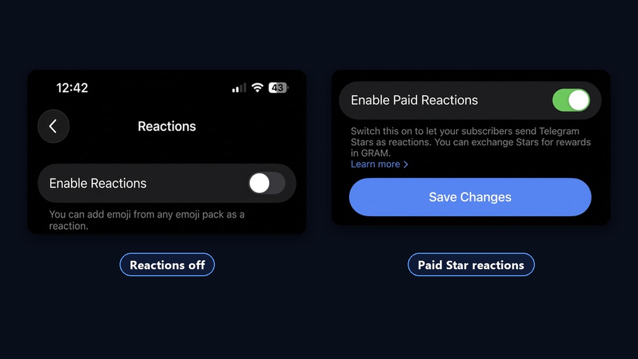 How to turn reactions off and enable paid Star reactions in a Telegram channel