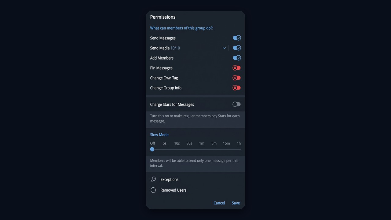 Discussion group permissions: sending messages, slow mode, paid messages